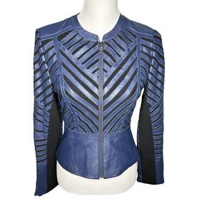 Parker Blue Leather Mesh Evening Jacket Size XS Sold Out! Designer Classic